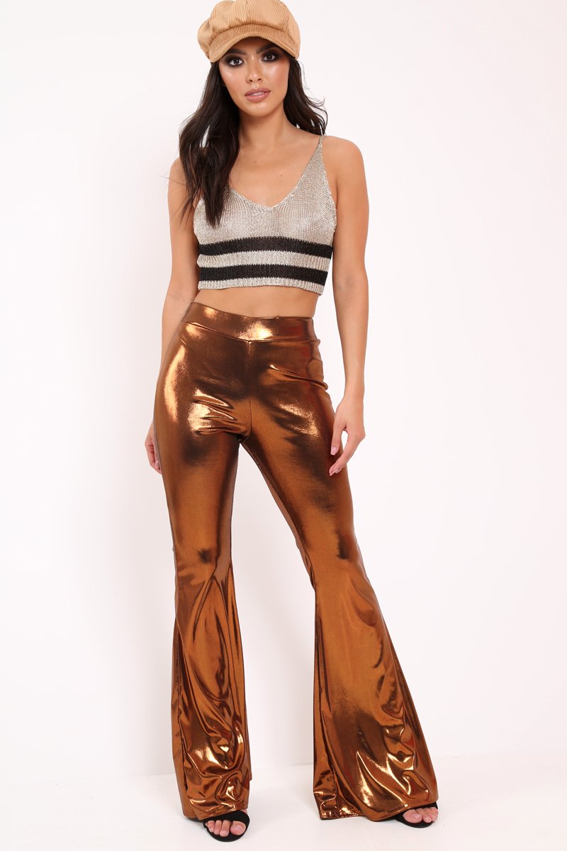 Copper Shiny Metallic High Waist Kick Flare Trousers - Islee-Trousers