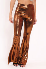 Copper Shiny Metallic High Waist Kick Flare Trousers - Islee-Trousers