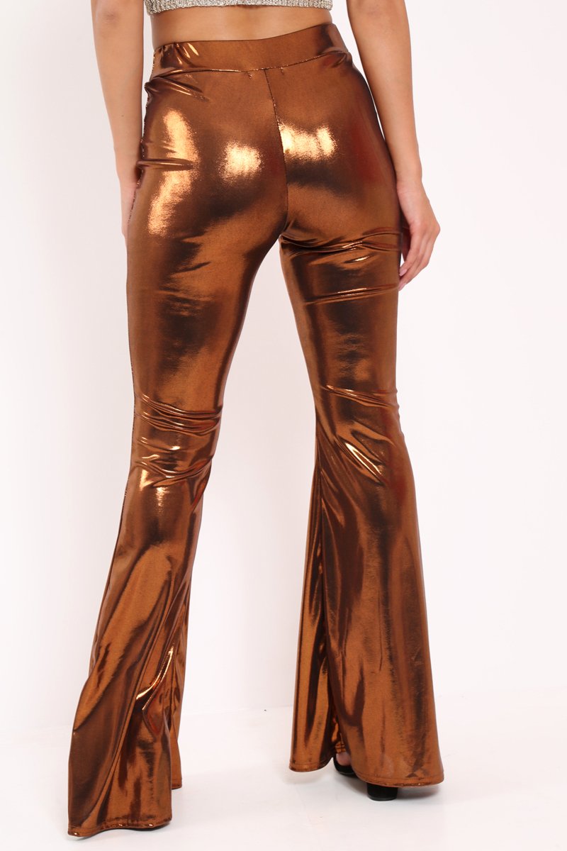 Copper Shiny Metallic High Waist Kick Flare Trousers - Islee-Trousers