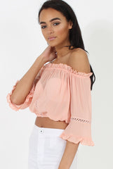 Coral Bardot Crochet Detail Crop- Bernie-Crop Tops