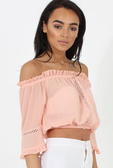 Coral Bardot Crochet Detail Crop- Bernie-Crop Tops