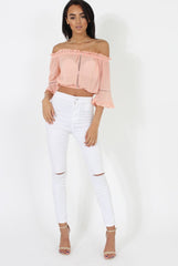 Coral Bardot Crochet Detail Crop- Bernie-Crop Tops