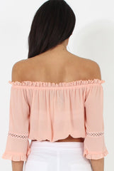 Coral Bardot Crochet Detail Crop- Bernie-Crop Tops