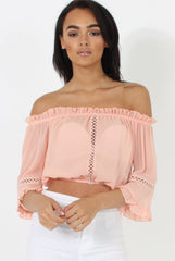 Coral Bardot Crochet Detail Crop- Bernie-Crop Tops