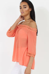Coral Bardot Crochet Top - Aliza-Tops
