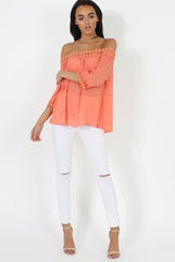 Coral Bardot Crochet Top - Aliza-Tops