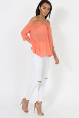 Coral Bardot Crochet Top - Aliza-Tops