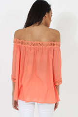 Coral Bardot Crochet Top - Aliza-Tops
