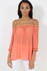 Coral Bardot Crochet Top - Aliza-Tops