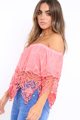 Coral Bardot Crochet Top - Liv-Tops
