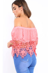 Coral Bardot Crochet Top - Liv-Tops
