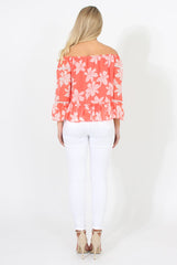 Coral Floral Cold Shoulder Top - Edina-Tops