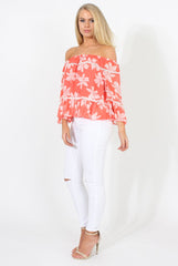Coral Floral Cold Shoulder Top - Edina-Tops