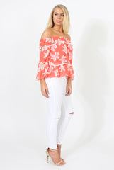 Coral Floral Cold Shoulder Top - Edina-Tops