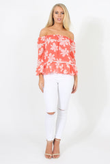 Coral Floral Cold Shoulder Top - Edina-Tops