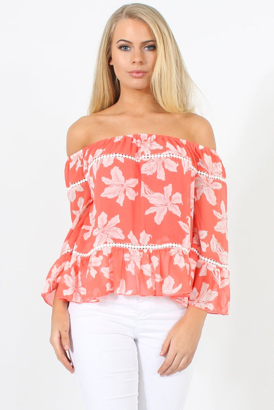 Coral Floral Cold Shoulder Top - Edina