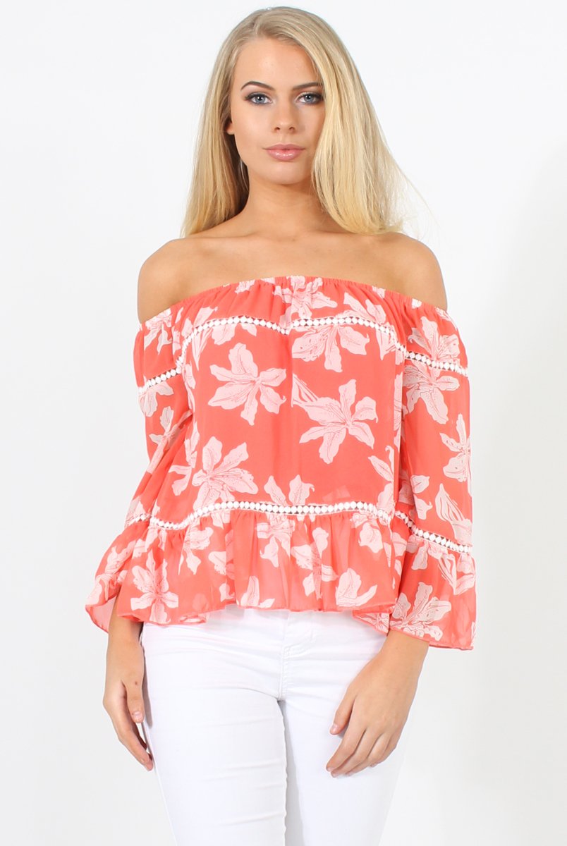 Coral Floral Cold Shoulder Top - Edina-Tops