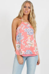 Coral Floral Side Split Top - Erika-Tops