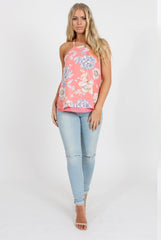 Coral Floral Side Split Top - Erika-Tops