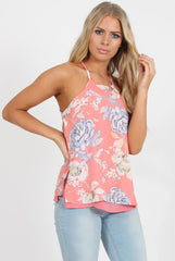 Coral Floral Side Split Top - Erika-Tops