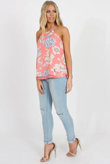 Coral Floral Side Split Top - Erika-Tops