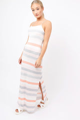 Coral & Grey Striped Maxi Dress - Kiah-Dresses