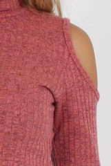 Coral Knitted Cold Shoulder Turtleneck Dress - Sherri-Dresses