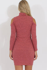 Coral Knitted Cold Shoulder Turtleneck Dress - Sherri-Dresses