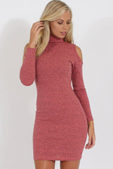 Coral Knitted Cold Shoulder Turtleneck Dress - Sherri-Dresses