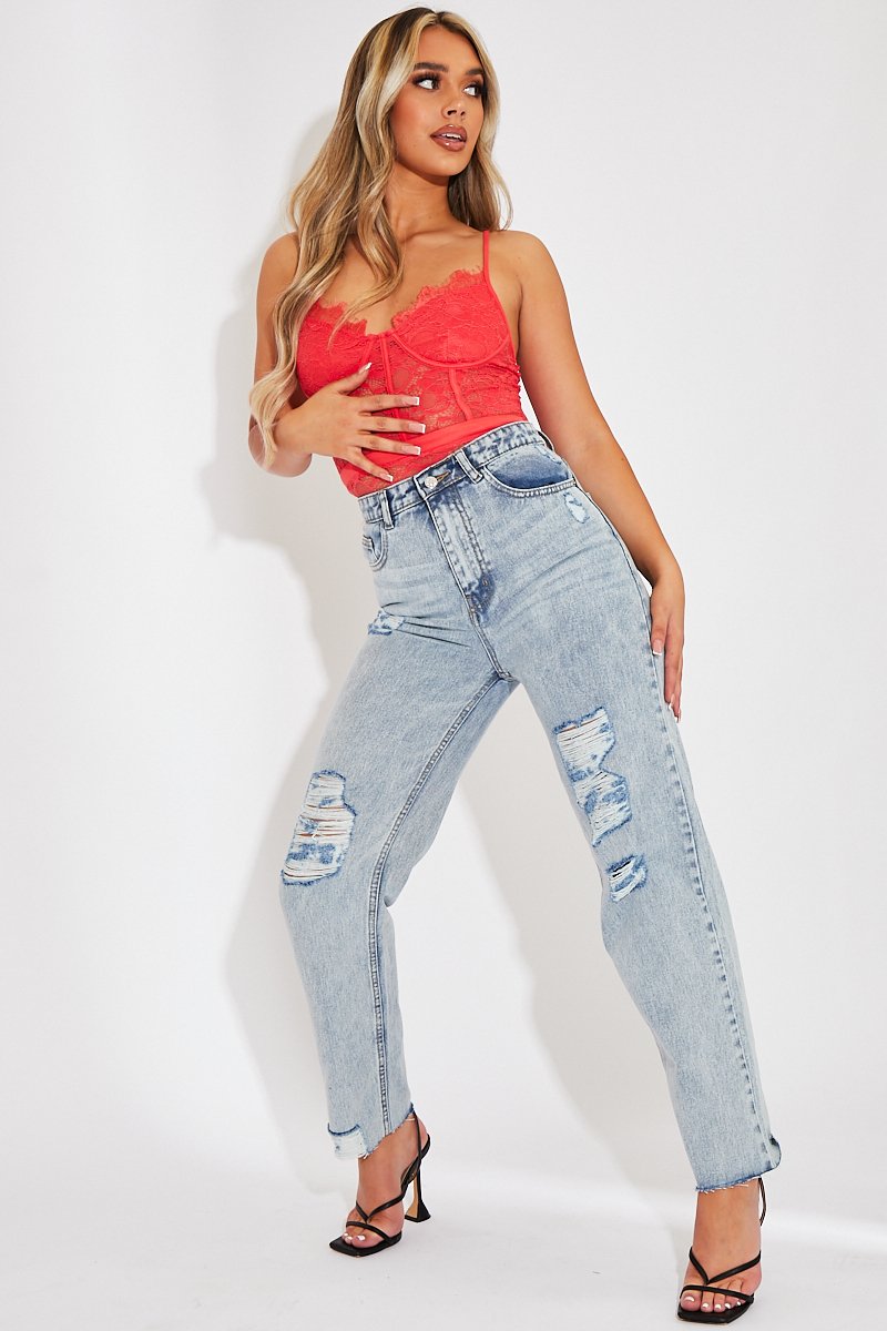 Coral Lace Flower Bodysuit - Faylen-Bodysuits