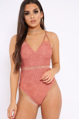 Coral Lace Open Back Bodysuit - Naomie-Bodysuits