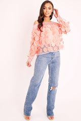 Coral Layered Applique Mesh Insert Blouse - Jadelynn-Blouse