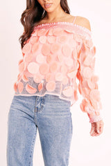 Coral Layered Applique Mesh Insert Blouse - Jadelynn-Blouse
