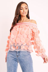Coral Layered Applique Mesh Insert Blouse - Jadelynn-Blouse