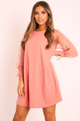 Coral Mesh Sleeve Shift Dress - Elizzie-Dresses