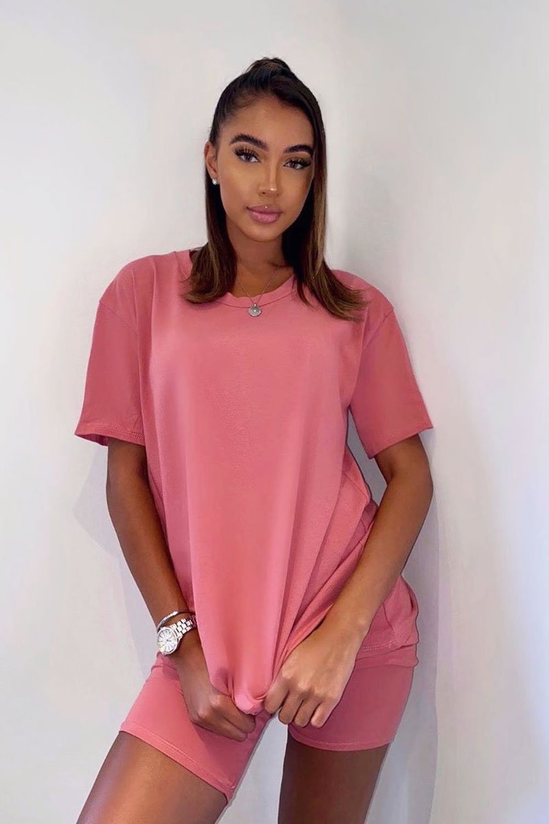 Coral Oversized T-shirt Cycling Shorts Co-ord - Bethanny-Co-ords