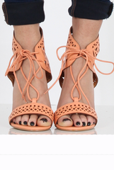 Coral PU Lazer Cut Lace Up Heels - Kyra-Heels