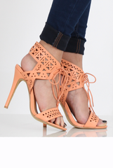 Coral PU Lazer Cut Lace Up Heels - Kyra-Heels