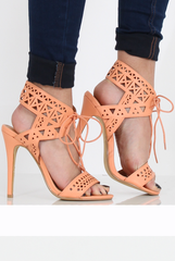 Coral PU Lazer Cut Lace Up Heels - Kyra-Heels