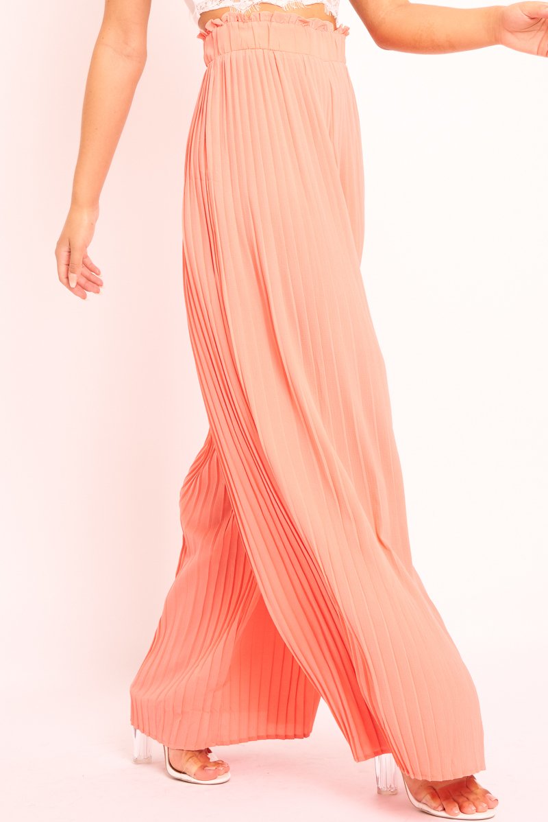 Coral Plisse Frill Waist Wide Leg Trousers - Otta-Trousers