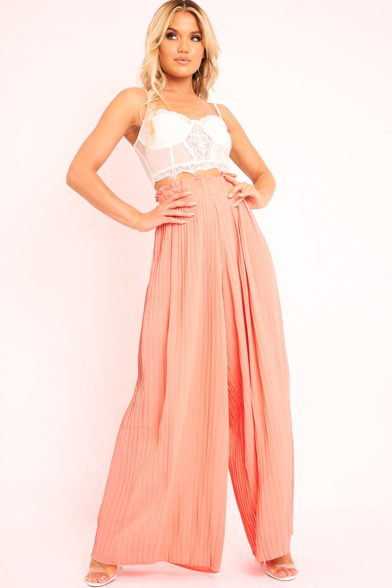 Coral Plisse Frill Waist Wide Leg Trousers - Otta-Trousers