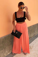 Coral Plisse Frill Waist Wide Leg Trousers - Otta-Trousers