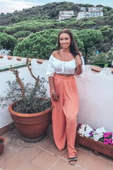 Coral Plisse Frill Waist Wide Leg Trousers - Otta-Trousers