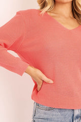 Coral Plunge Neck Knit Jumper - Halie-Jumper