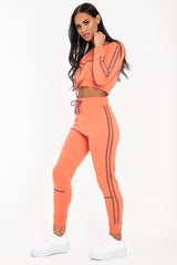 Coral Purple Stripe Detail Tie Waist Sweatshirt and Jogger Set - Zamiya-Tracksuits