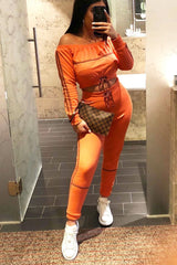 Coral Purple Stripe Detail Tie Waist Sweatshirt and Jogger Set - Zamiya-Tracksuits