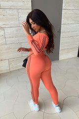 Coral Purple Stripe Detail Tie Waist Sweatshirt and Jogger Set - Zamiya-Tracksuits