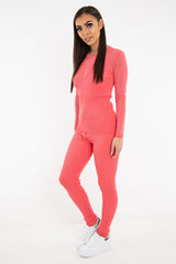 Coral Rib Knit Mesh Insert Loungewear Set - Genavie-Loungewear