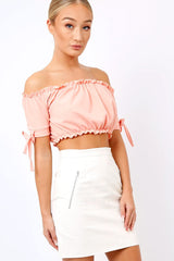 Coral Ruched Bardot Gypsy Crop Top - Janette-Crop Tops