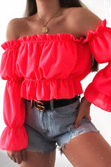Coral Ruffle Bardot Crop Top - Aagna-Crop Tops